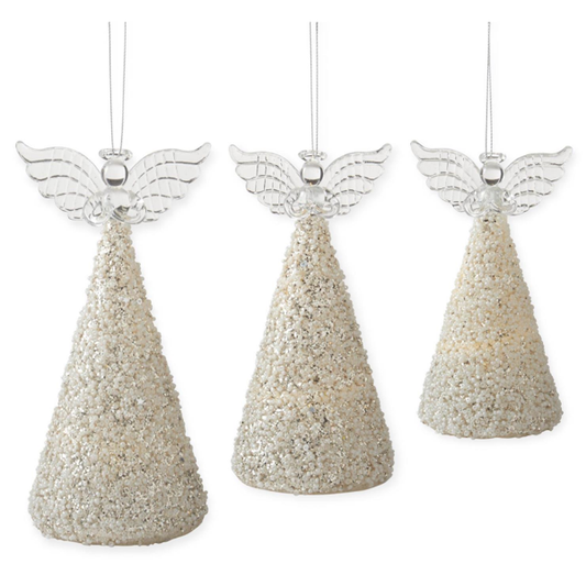 LED Silver Glittered & White Seed Bead Angel Cone Ornaments w/Timers, each sold separately