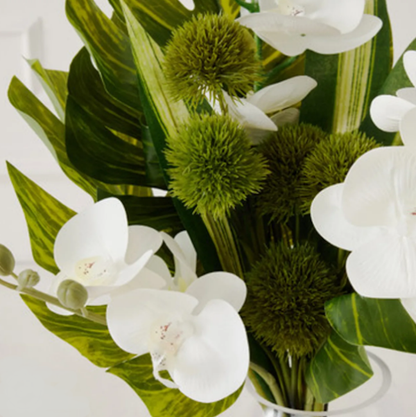 Big Leaf Phalaenopsis in Glass Container-Faux Floral Arrangement