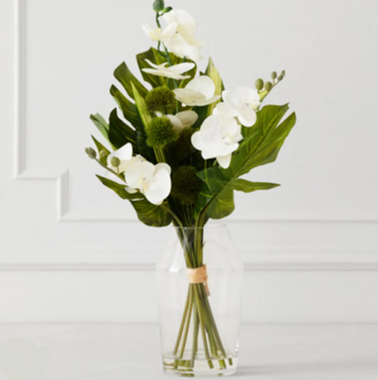 Big Leaf Phalaenopsis in Glass Container-Faux Floral Arrangement