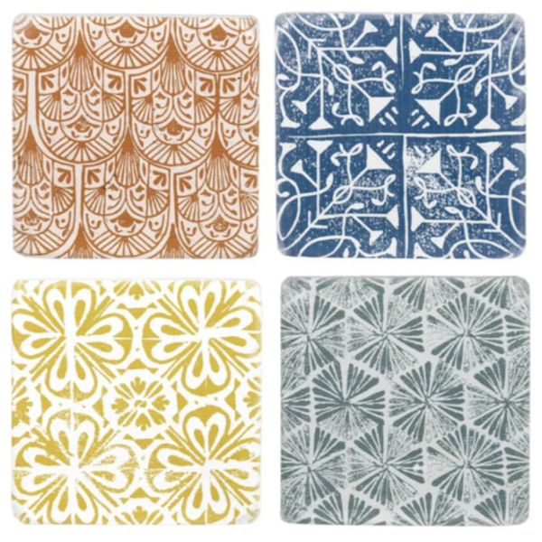 Block Print Pattern Coaster Set, Set of 4