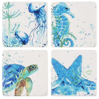 Blue Watercolor Sea Creature Coaster Set