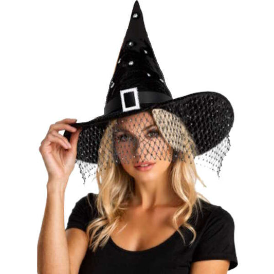 Black Velvet with Buckle Veil Witch Hat