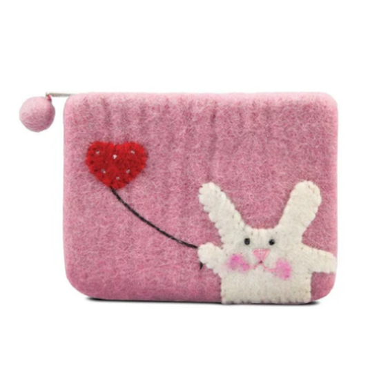 Bunny with Flying Heart Design Coin Purse-Pink