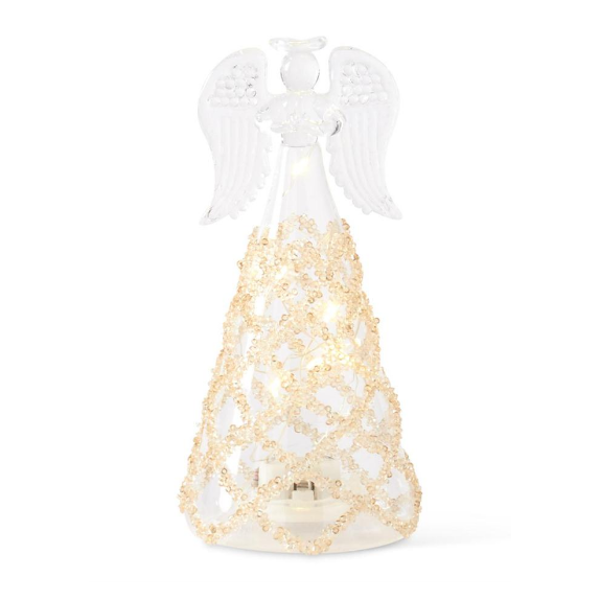 Clear Glass Lattice Gold Bead LED Angels w/Timers, each sold separately