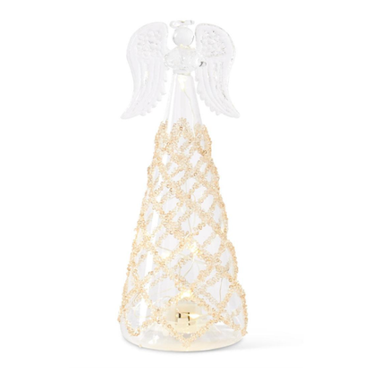 Clear Glass Lattice Gold Bead LED Angels w/Timers, each sold separately