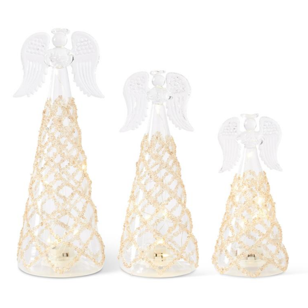 Clear Glass Lattice Gold Bead LED Angels w/Timers, each sold separately