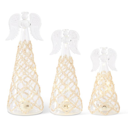 Clear Glass Lattice Gold Bead LED Angels w/Timers, each sold separately