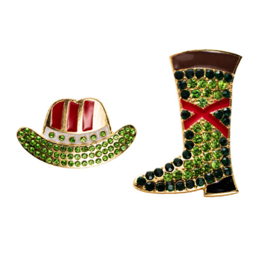 Cowgirl Hat & Boot Asymmetrical Rhinestone Earrings