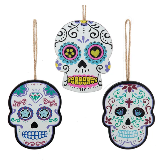 Wooden Day of The Dead Skull Ornaments-Assorted, sold seperately