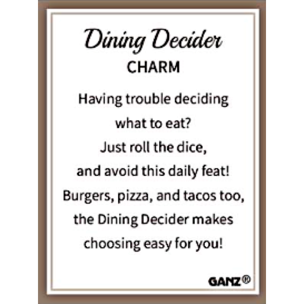 Dining Decider Dice Charm and Insert Card