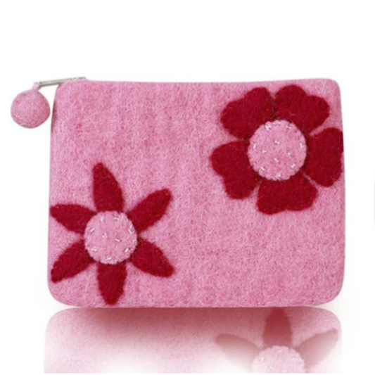 Double Flowers Attached Coin Purse-Pink