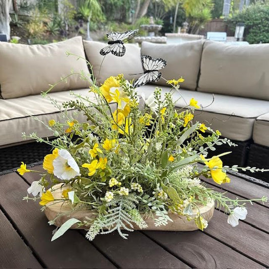 Yellow Wildflower Floral Centerpiece in Dough Bowl-Handmade