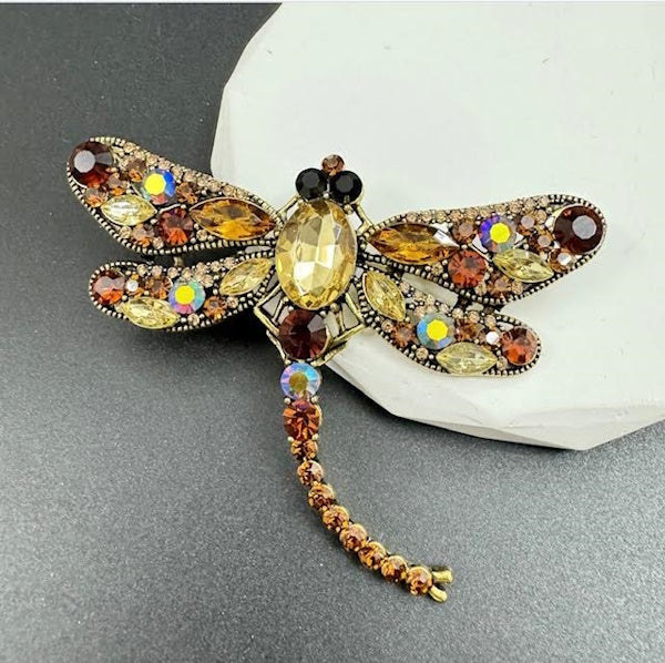 Dragonfly Rhinestone Brooch-Brown