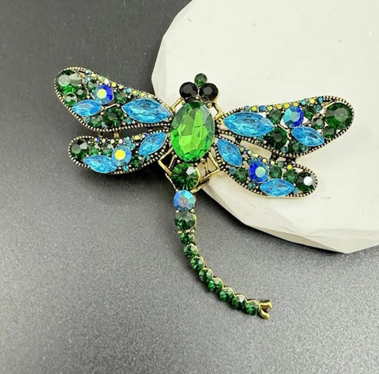 Dragonfly Rhinestone Brooch-Green/Blue