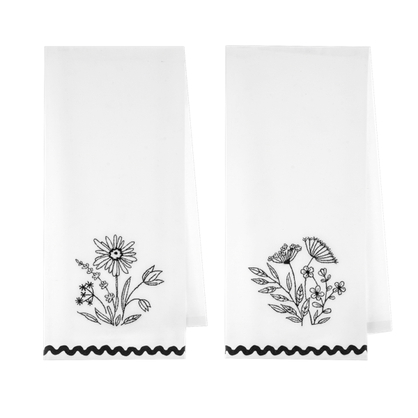 Embroidered Botanical Tea Towel, Black & White (Assorted-sold separately)
