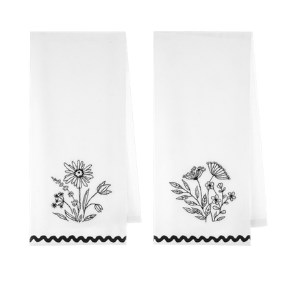 Embroidered Botanical Tea Towel, Black & White (Assorted-sold separately)