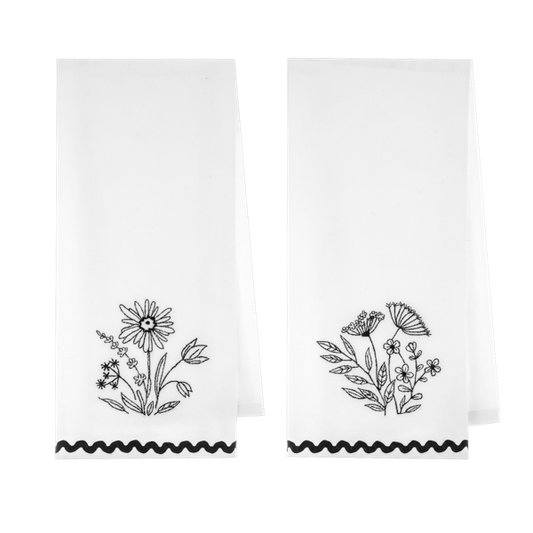 Embroidered Botanical Tea Towel, Black & White (Assorted-sold separately)