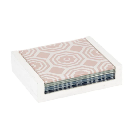 Floral Medallion Glass Coaster Set with Wood Box