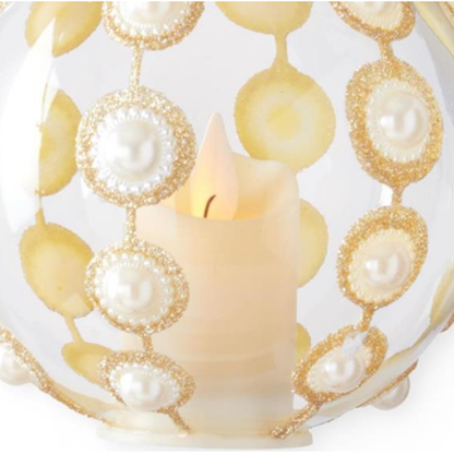 Clear Glass & Gold Glitter w/Pearls LED Ornament w/Timer
