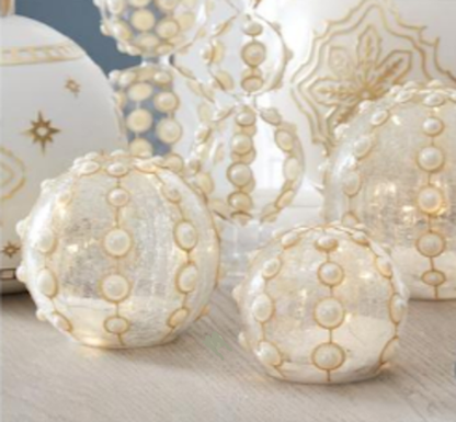 Clear Glass & Gold Glitter w/Pearls LED Ornament w/Timer