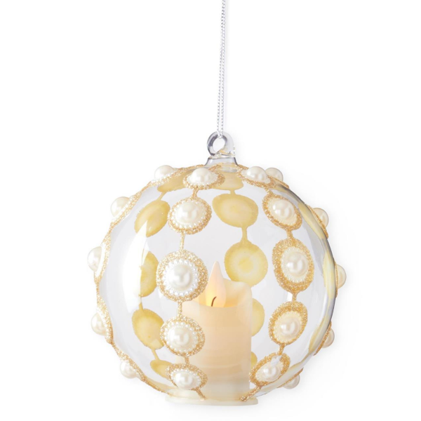 Clear Glass & Gold Glitter w/Pearls LED Ornament w/Timer