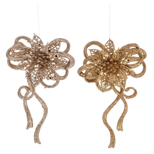 Glittered Poinsettia Bow Ornament-Assorted, each sold separately