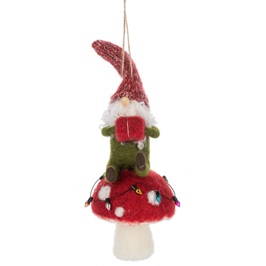 Gnome on Mushroom Ornament