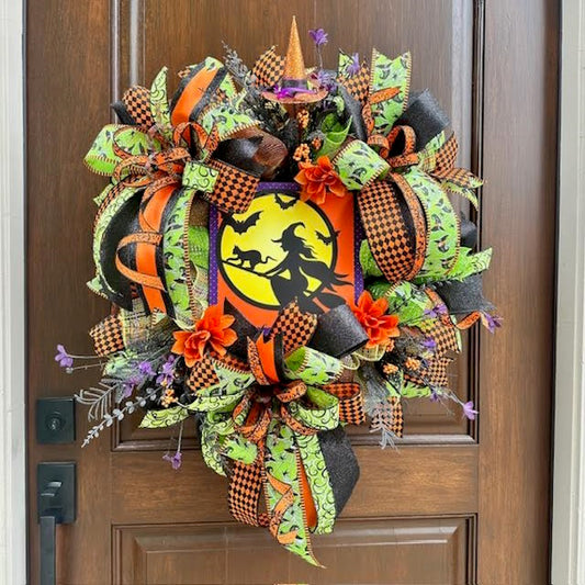 Halloween Flying Witch Sign Wreath-Handmade