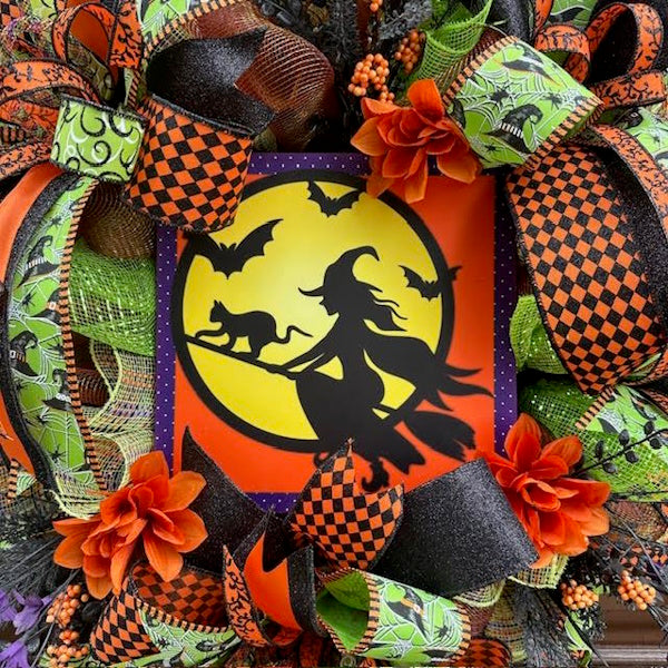 Halloween Flying Witch Sign Wreath-Handmade