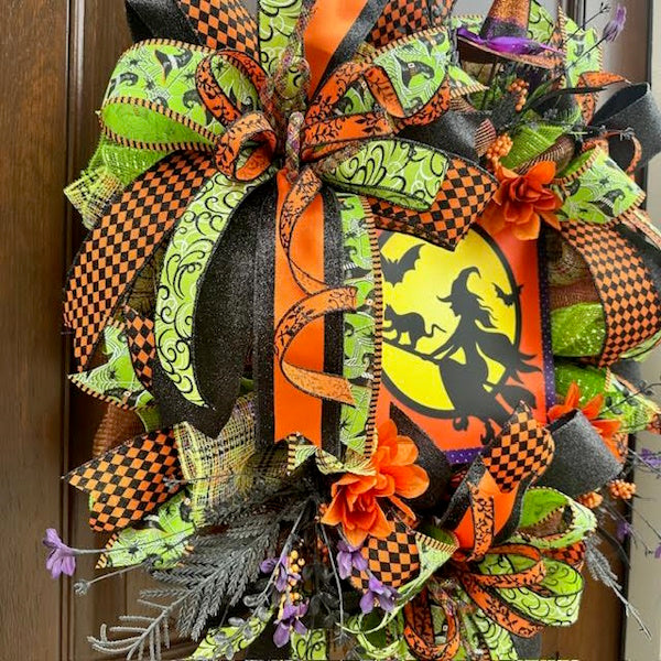 Halloween Flying Witch Sign Wreath-Handmade