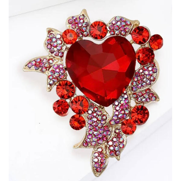Ruby Red Heart Rhinestone Brooch
