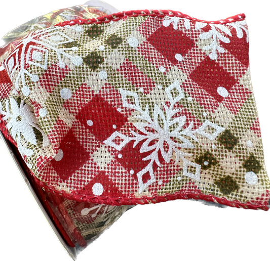 White Snowflake Red and Green Plaid Double Wire-Edged Ribbon