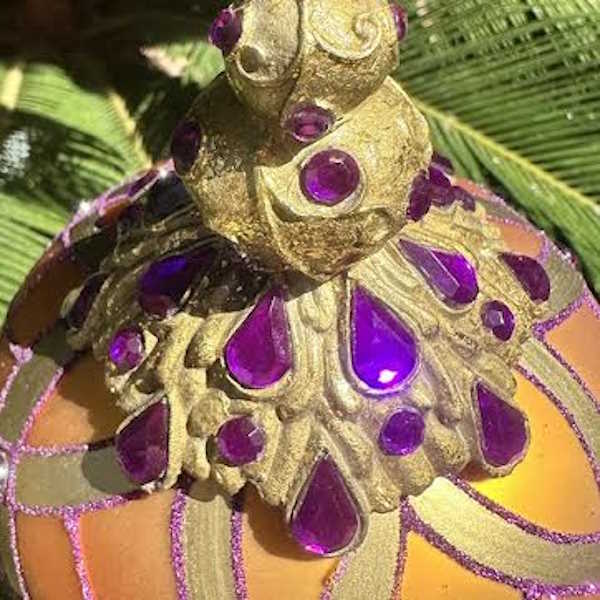 Jewel-Cap Ornate Glass Ornament, Orange and Purple
