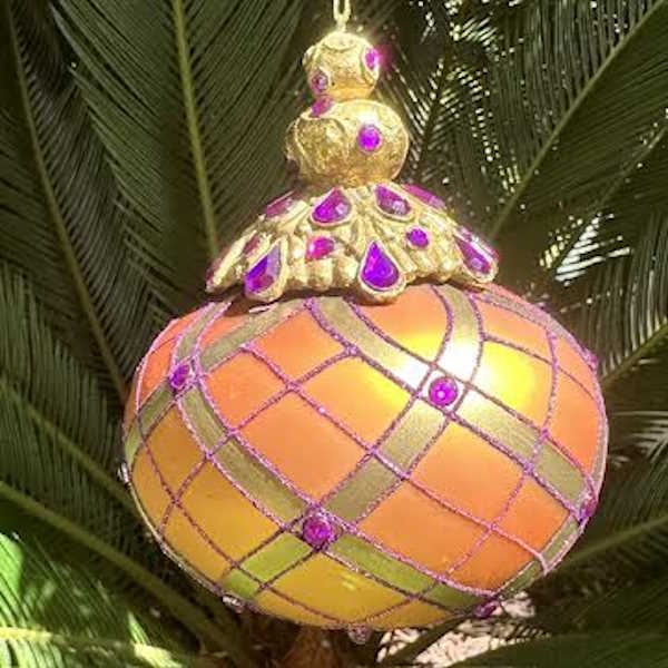 Jewel-Cap Ornate Glass Ornament, Orange and Purple