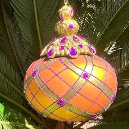 Jewel-Cap Ornate Glass Ornament, Orange and Purple