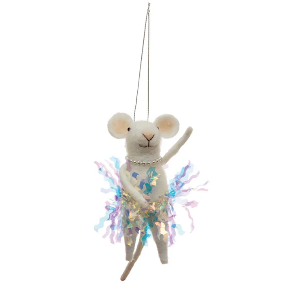 Mouse Ballerina in Tinsel Skirt w/Pearl Necklace Ornament-Assorted, each sold seperately