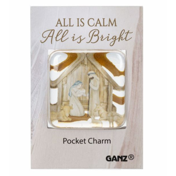 Nativity Glass Pocket Charm on Backer Card - All Is Calm All Is Bright