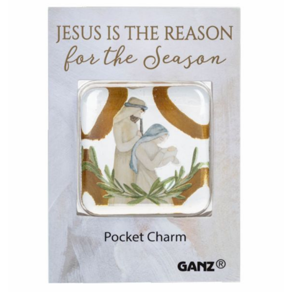 Nativity Glass Pocket Charm on Backer Card - Jesus is the Reason for the Season