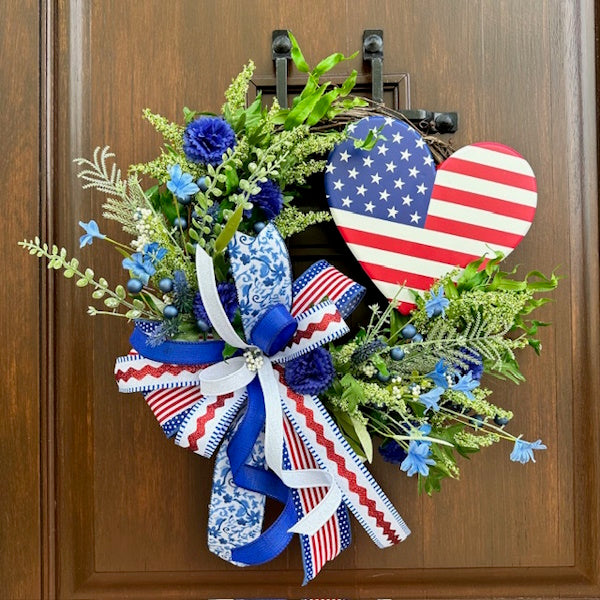 Patriotic Grapevine Wreath with Heart Attachment-Handmade