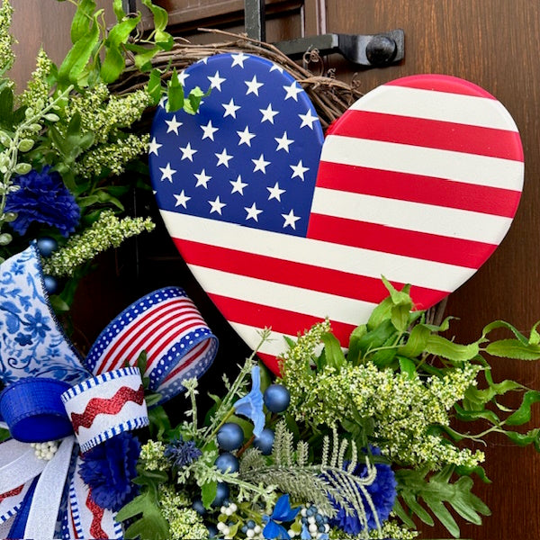 Patriotic Grapevine Wreath with Heart Attachment-Handmade