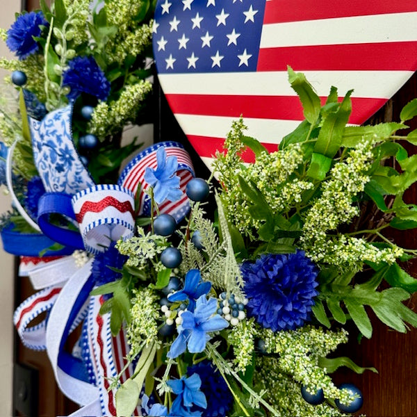 Patriotic Grapevine Wreath with Heart Attachment-Handmade
