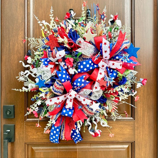 Patriotic Wreath with Stars and Polka Dot Ribbon-Handmade