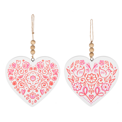 Pink Floral Heart with Wood Bead Hangar