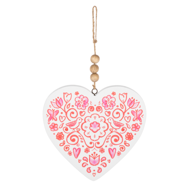 Pink Floral Heart with Wood Bead Hangar