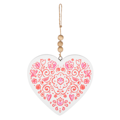 Pink Floral Heart with Wood Bead Hangar