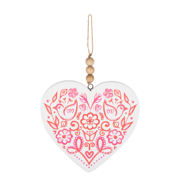 Pink Floral Heart with Wood Bead Hangar