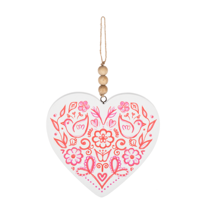 Pink Floral Heart with Wood Bead Hangar