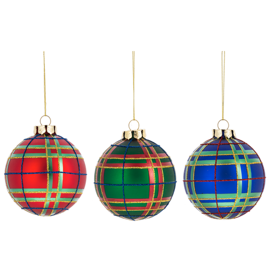 Plaid Ball Ornament, Glass-Assorted Colors-each sold separately