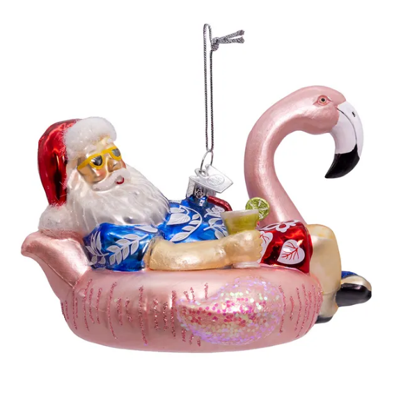 Santa in Flamingo Pool Float Glass Ornament