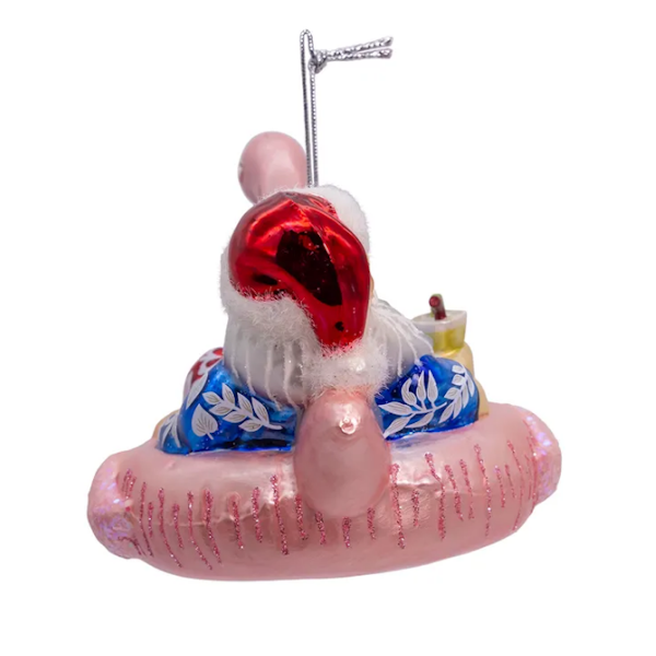 Santa in Flamingo Pool Float Glass Ornament